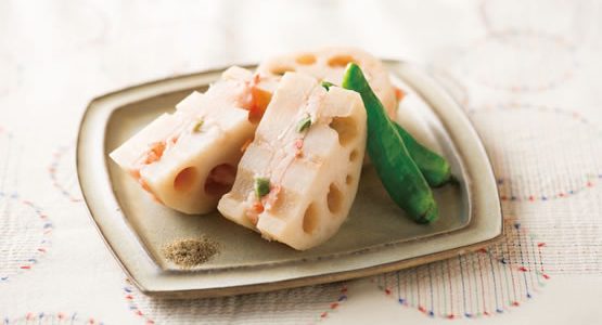 蓮根の海老はさみ蒸し